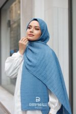 Gofret Desen Müslin Şal - Mavi - Görsel 4