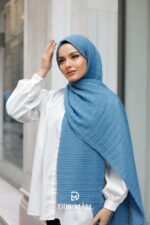 Gofret Desen Müslin Şal - Mavi - Görsel 2