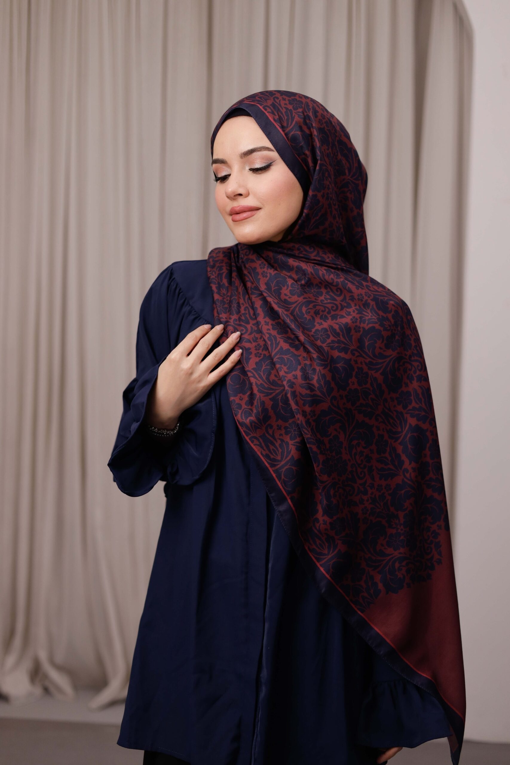 _57A2014 Nevra Desen Soft Şal - Lacivert Bordo - Görsel 1