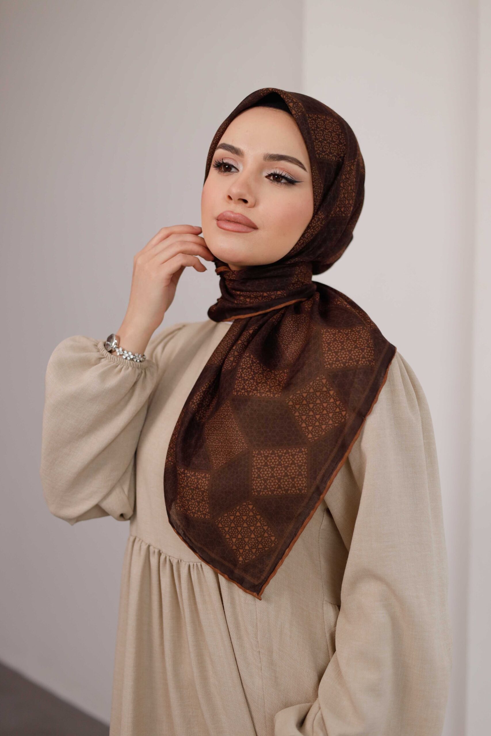 IMG_7077 Mosaic Desen Soft Eşarp - Kahve Kiremit - Görsel 1